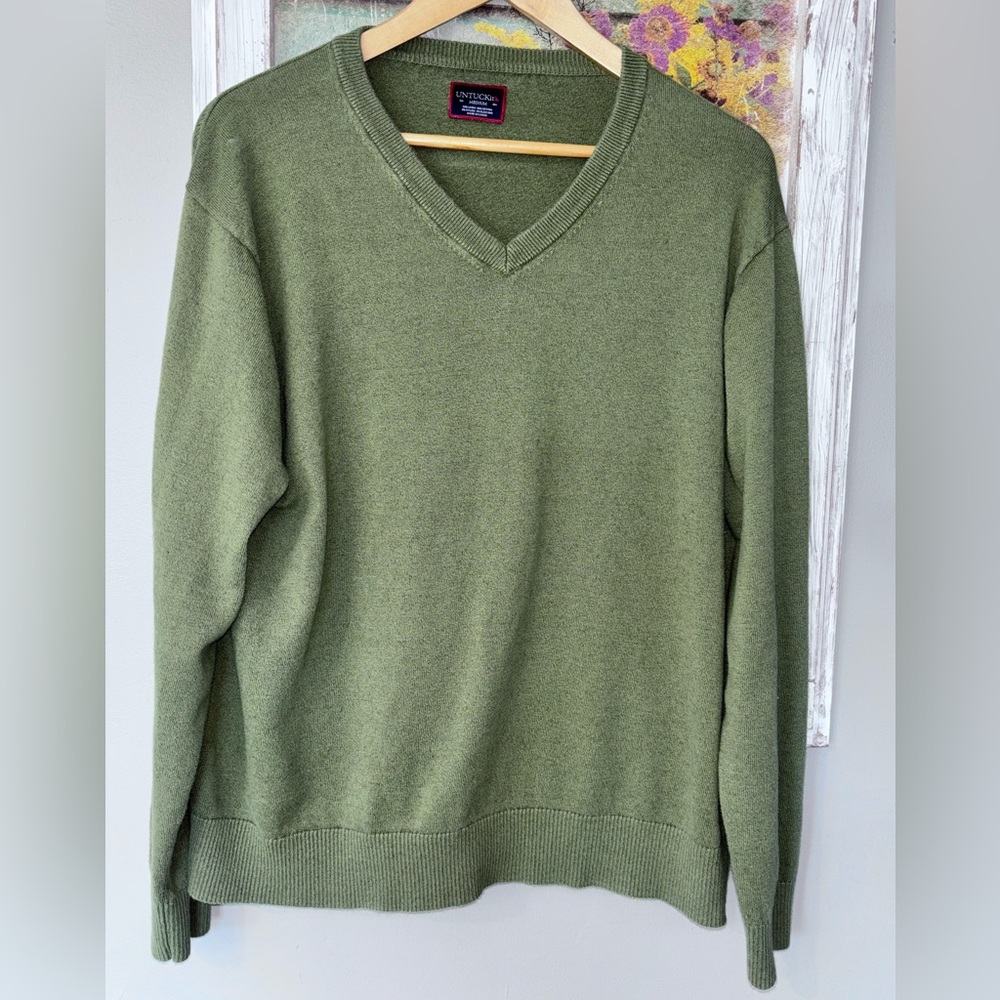 Trendy Untuckit Sweater Men’s Large Dreyer Knit V Neck Linen Blend Army Green